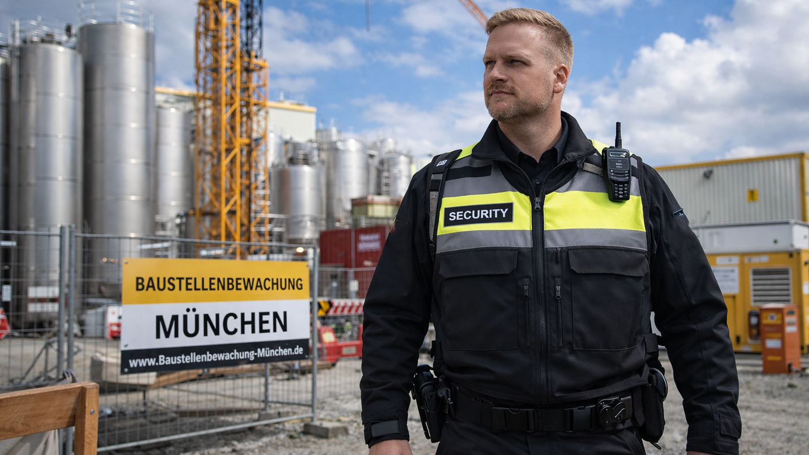 KI-Bild: Sicherheitsmitarbeiter in Einsatzjacke mit Warnweste und Funkgerät vor einer gesicherten Baustelle in München